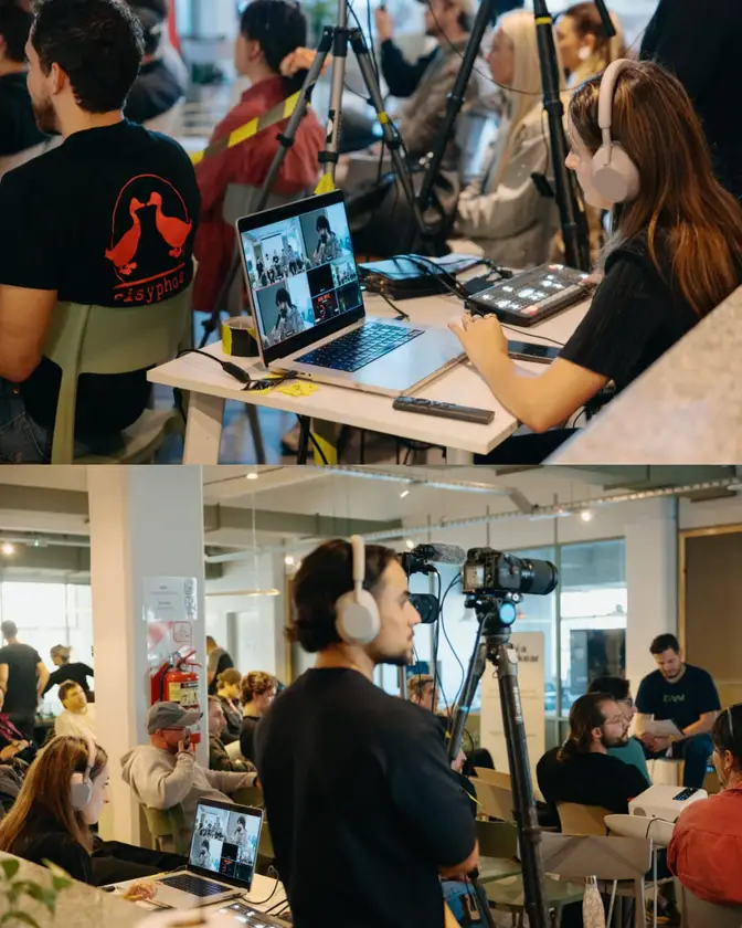 Two views of a camera and live-production crew working at a conference.