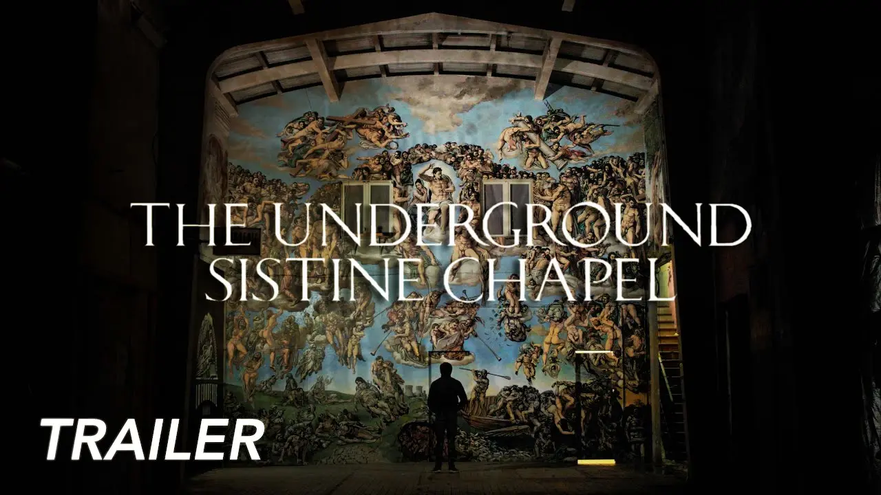 Une silhouette seule devant la fresque achevée, dans la fonderie, avec le carton-titre incrusté « The Underground Sistine Chapel » et « Trailer »