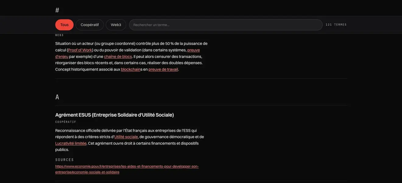 The Cooperative & Web3 glossary: the filter chips, the search field and the term count above two definitions, each cross-linked to other entries and carrying its sources