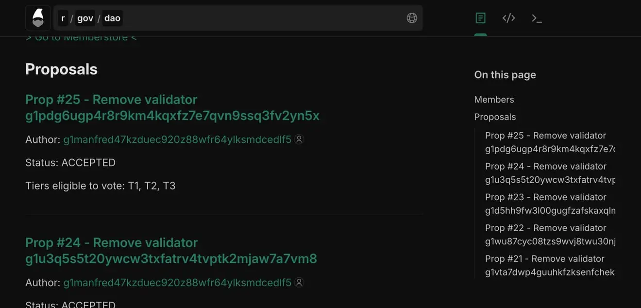 The GovDAO realm on gno.land: the proposal list, each with its author, its ACCEPTED status and the tiers eligible to vote