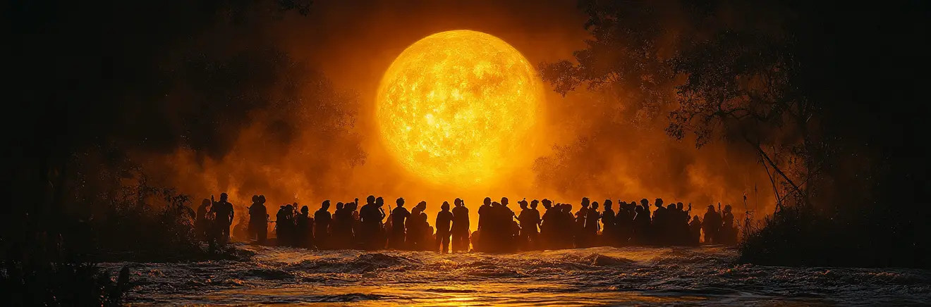 Silhouetted figures gathered at night before a glowing, oversized moon-like light