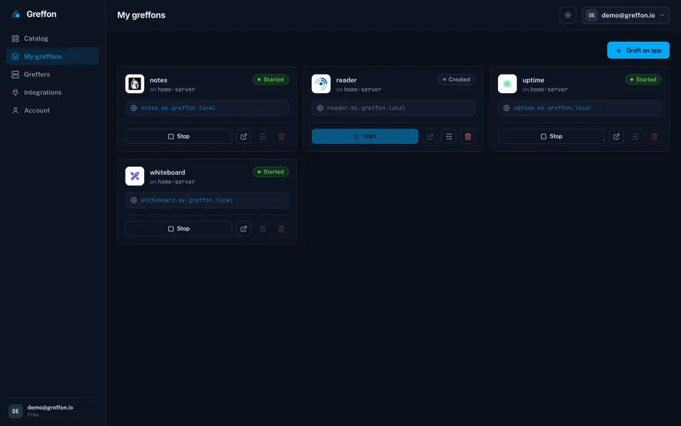 L’écran « My greffons » — quatre applications déployées, chacune affichant son nœud hôte, son URL et son état d’exécution.