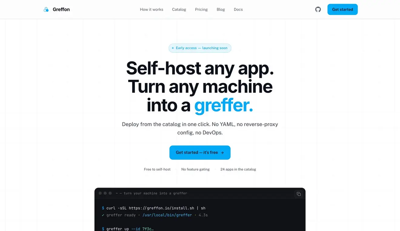 La page d’accueil de greffon.io — « Self-host any app. »