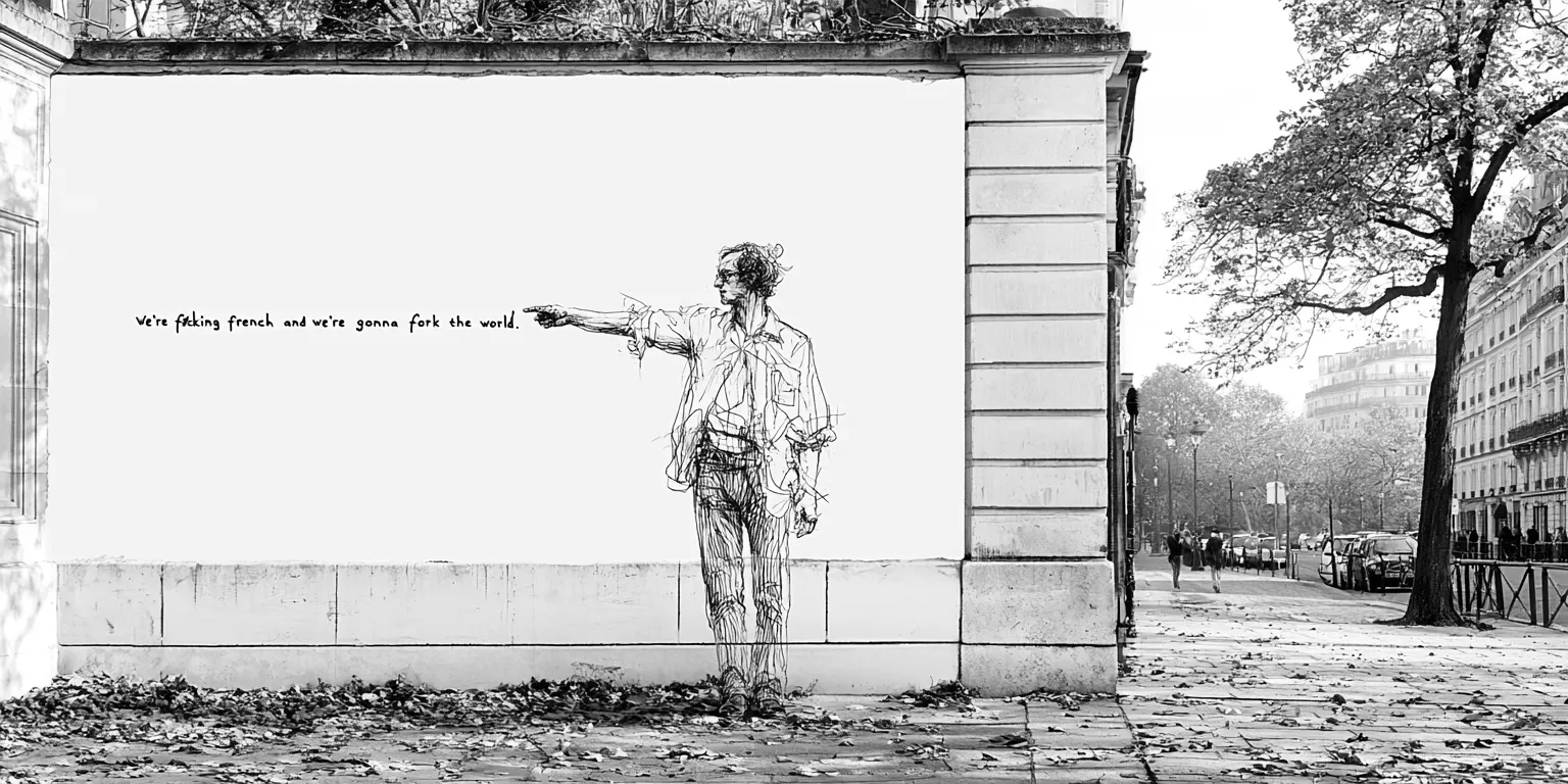Une silhouette dessinée sur un mur parisien pointe la phrase « We’re fucking French and we’re gonna fork the world »
